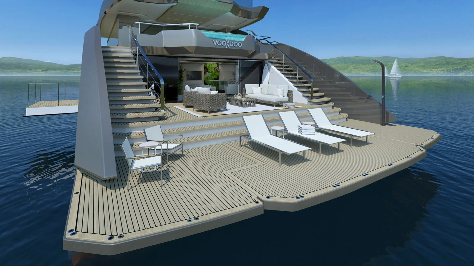 The XF450 features an incredibly large lounging area by the water