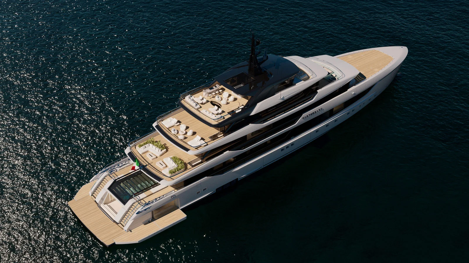 В кормовых частях палуб на Sanlorenzo 74Steel Virtuosity разбиты просторные экстерьерные зоны отдыха