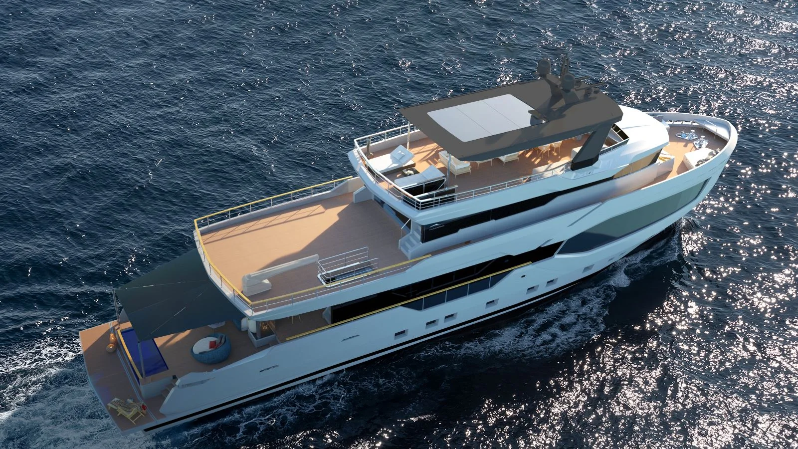 The stern part can be shaded with an awning or an optional upper deck extension