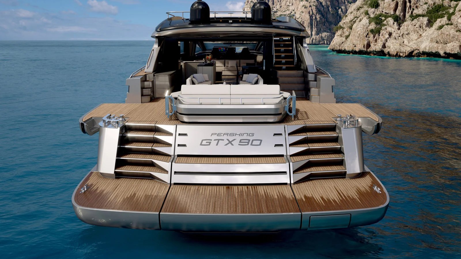 At anchor the GTX90's stern section transforms into a beach club