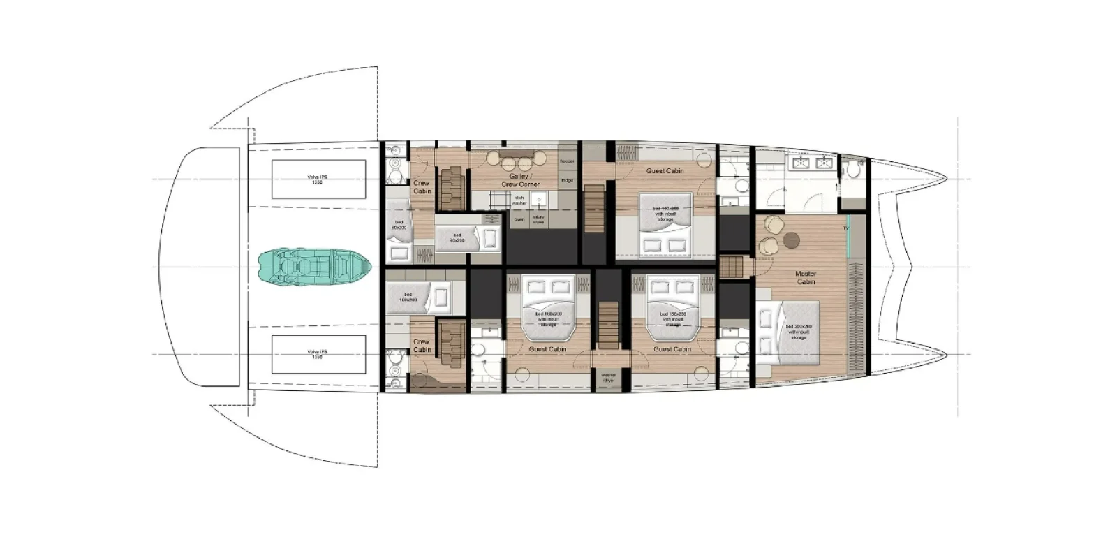 Lower deck: version with 4 cabins and a galley