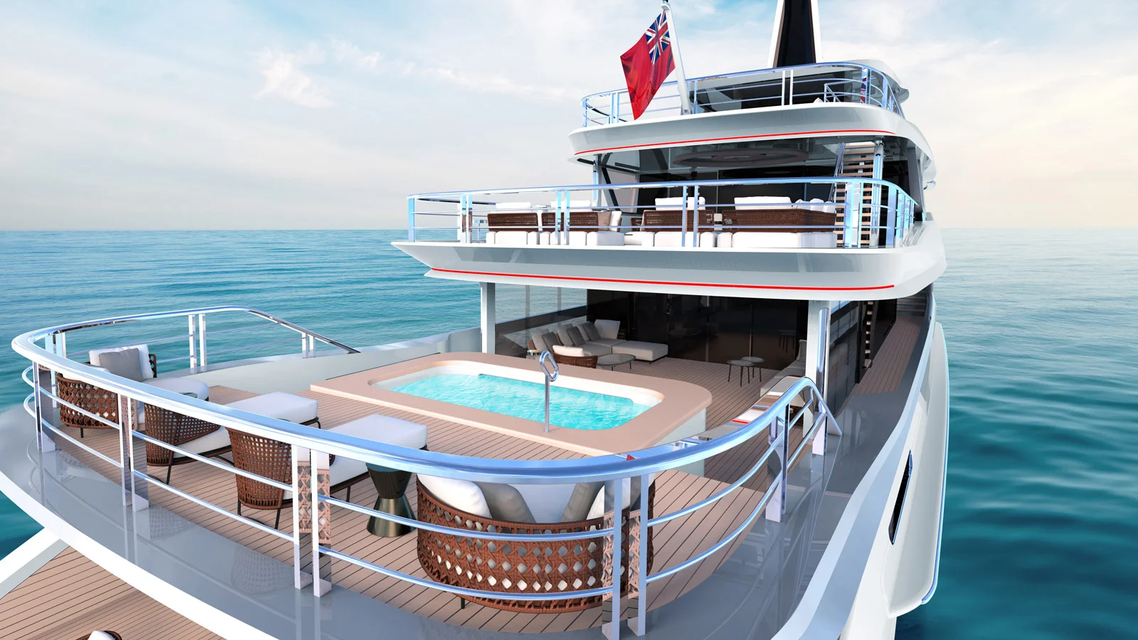 The Dynamiq GTT 170's beach club is split-level, with a pool and a lounge on the main deck