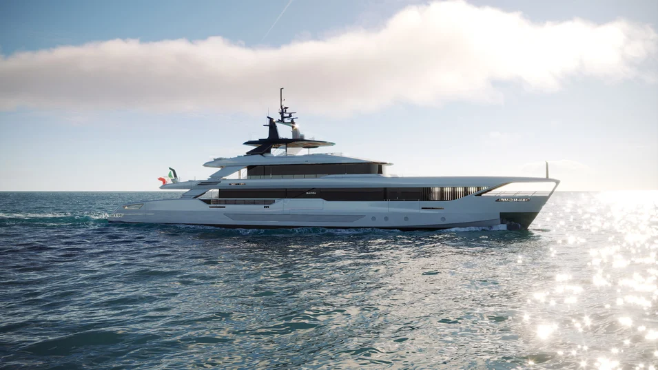 The Maiora M|53's length is 53 m, her beam is 9.2 m, and her draft is 2.4 m