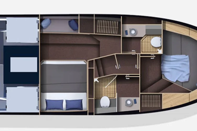 Lower deck: version with 2 cabins & 2 heads