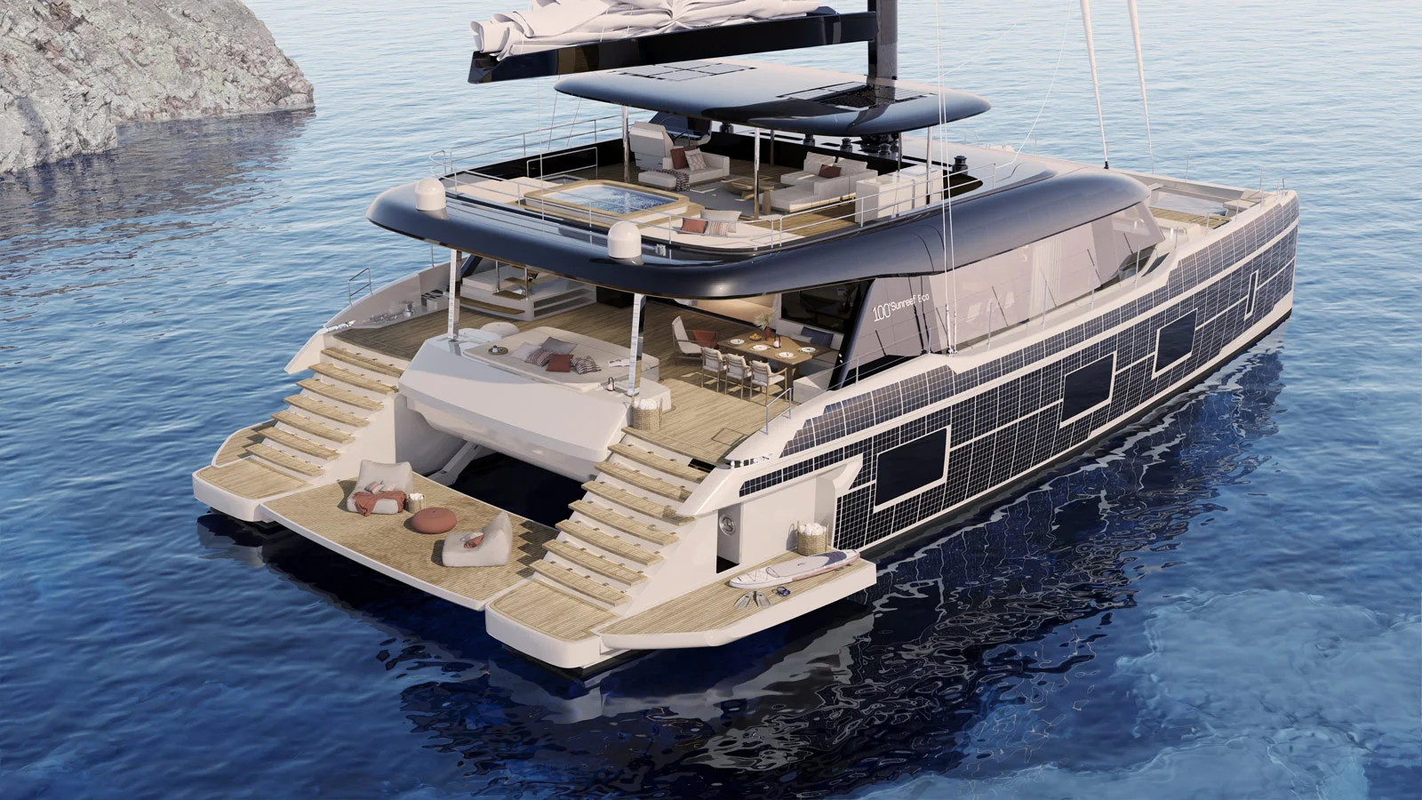 The catamaran's beam of 12.80 m allows for numerous exterior lounging areas on board