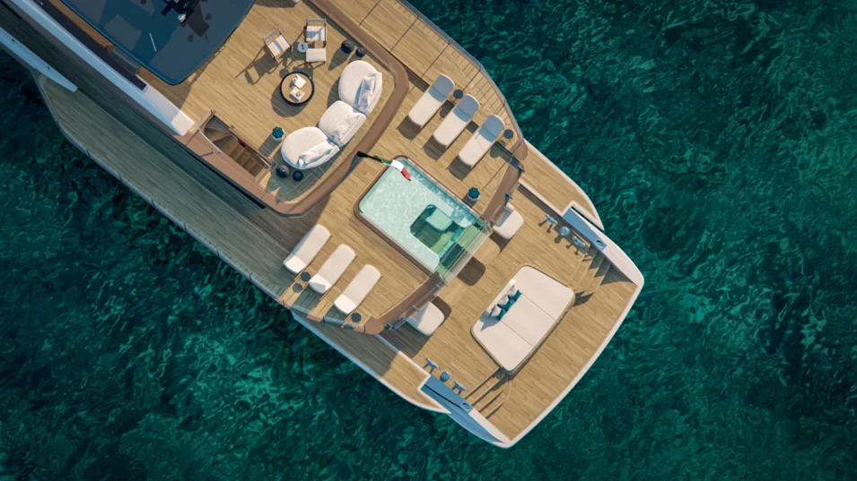 Part of the pool's bottom is transparent and lets natural light in to the Maiora 42 Exuma's cockpit