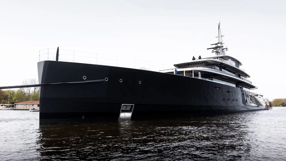 The Thalassa's sleek hull with a vertical bow resembles sailing yachts