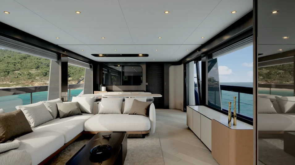 The saloon on board the Ferretti Yachts 800 is divided into a lounge and a dining area