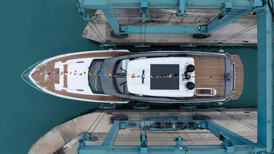 The Ferretti Yachts 940's flybridge extends noticeably towards the stern