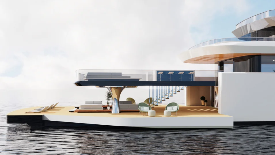 Vast fold-down platforms almost double the area of the beach club on board the 70-metre concept by Cass Yacht Design