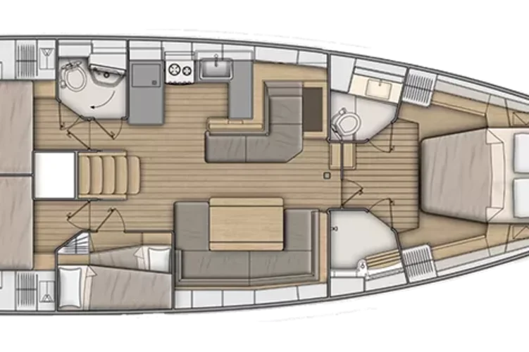 Lower deck: 4 cabins, 2 heads