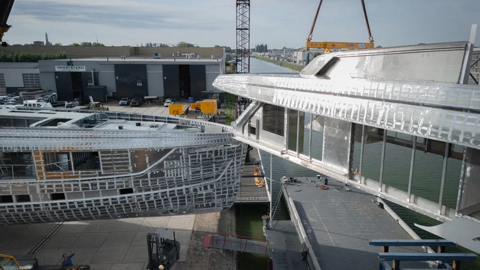 Marriage of Project Zen's hull and superstructure at Van der Valk's facility in Waalwijk