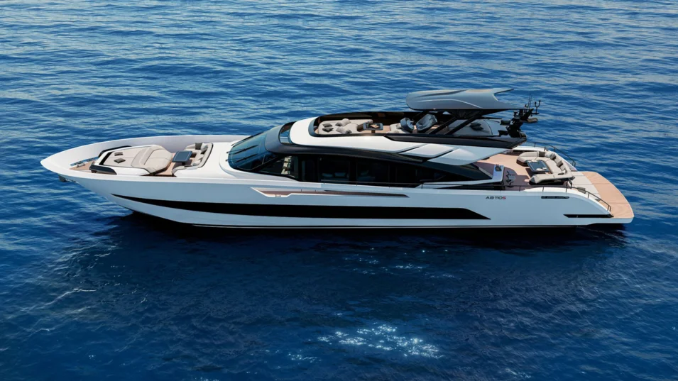 The flybridge helm station is located in the centre, not at the bow