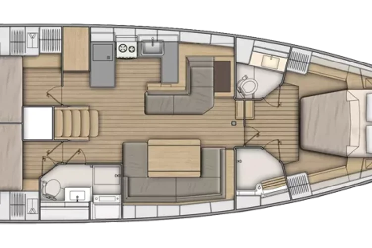 Lower deck: 3 cabins, 2 heads