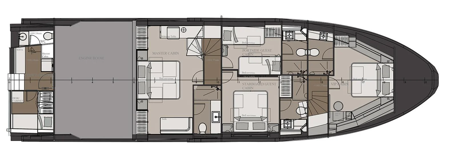 Lower deck: version with 4 cabins