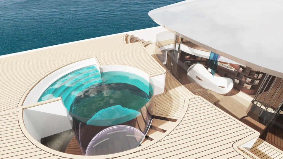 Unusual pool on board the 70-metre concept by Cass Yacht Design forward