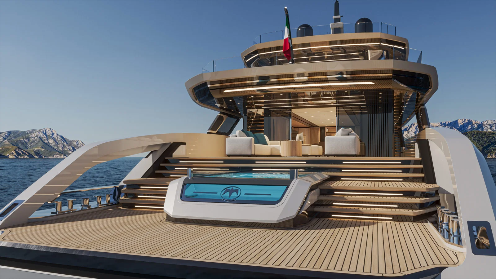 Кормовая часть Baglietto DOM155 сделана открытой и постепенно спускающейся к морю