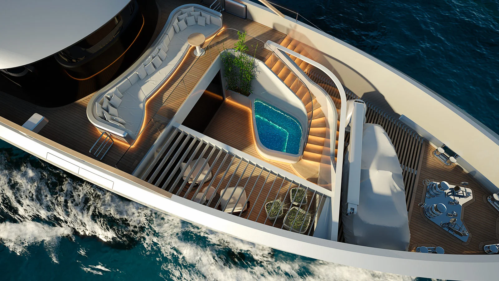 Split level patio on board the Sirena 42M forward