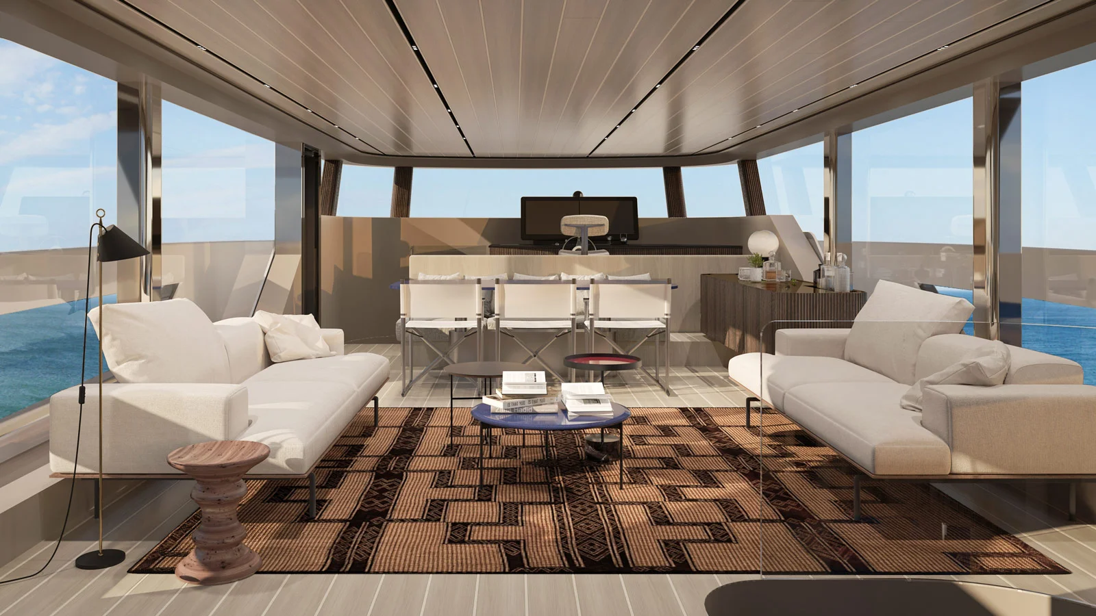 Bluegame BGX83's saloon with a panoramic glazing on the upper deck