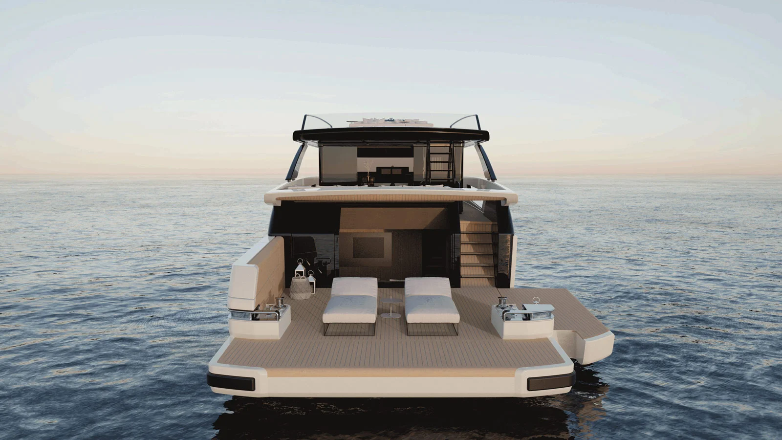 The area of the BGX83's beach club can be extended with the help of a fold-down platform on the starboard side