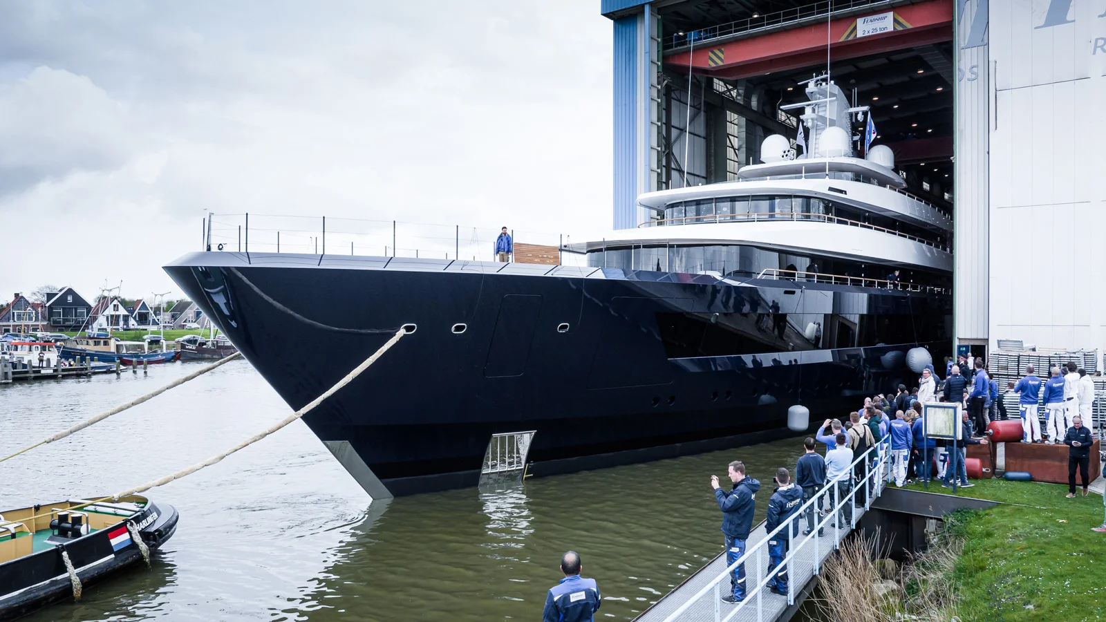 The 91.80-metre Project 1012 exits the construction shed in Makkum