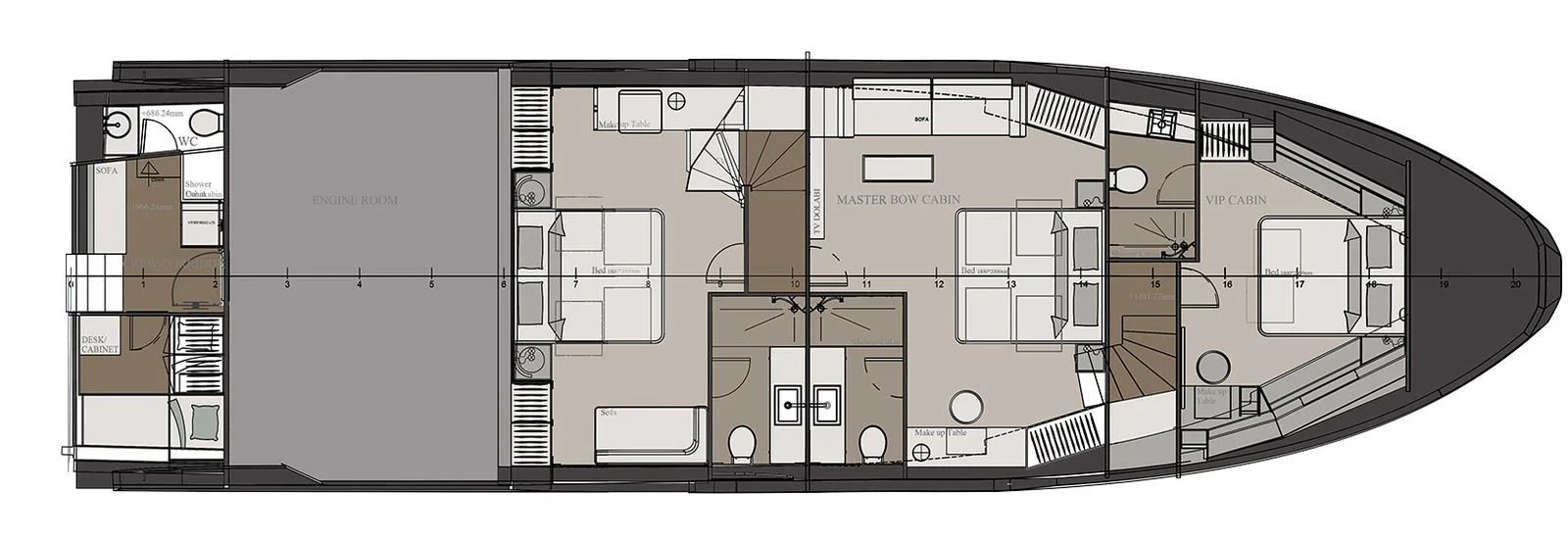 Lower deck: version with 3 cabins