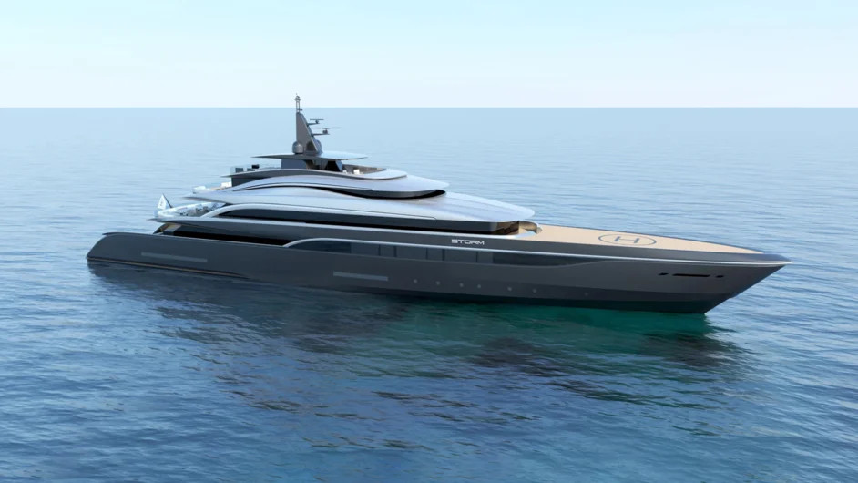 Storm by H2 Yacht Design: “An aggressive and sleek design that combines the elegant, flowing lines of a timeless Bentley coupe with a tapering aft end, giving that sense of speed and elegance from a bygone era”