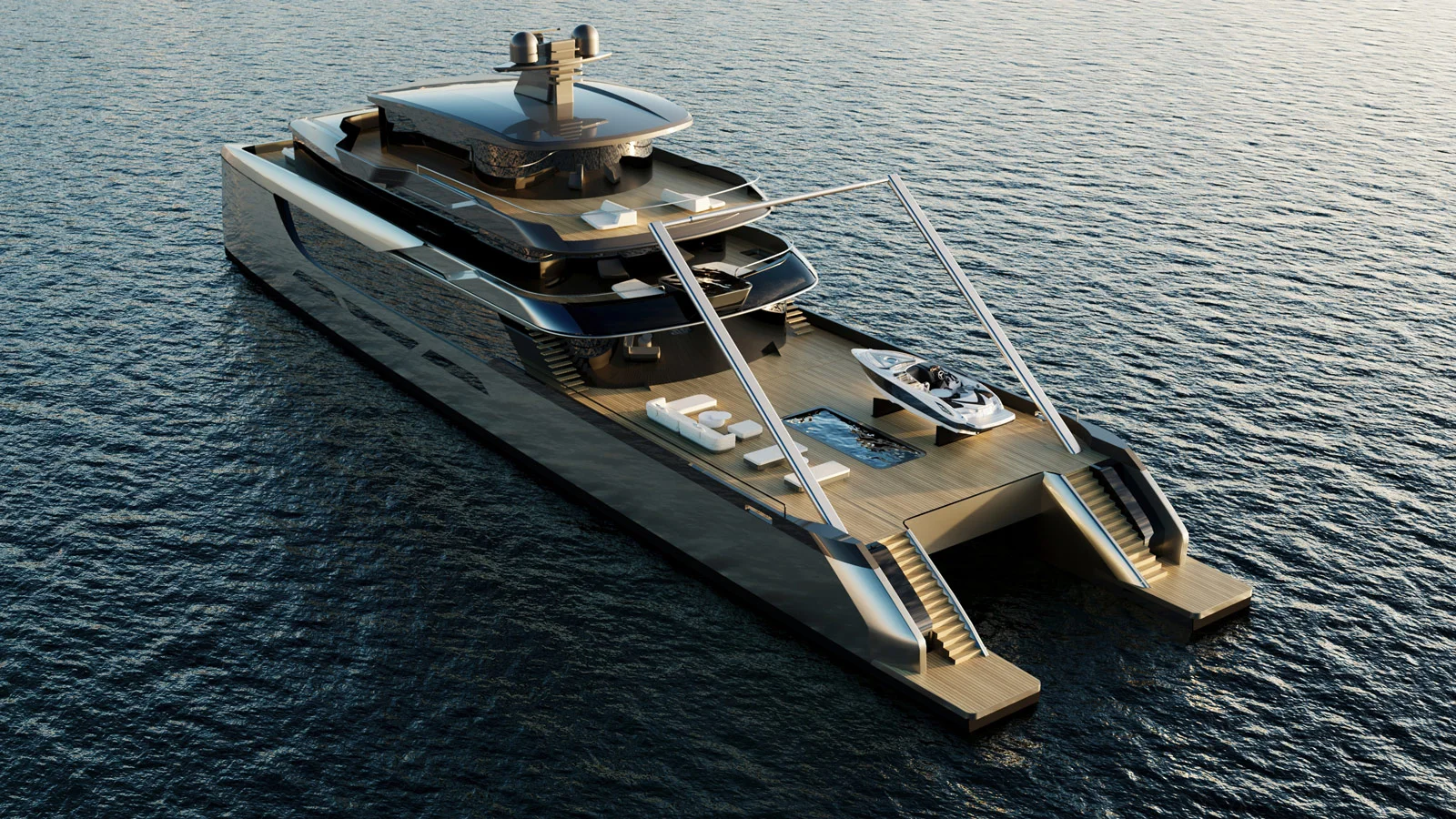 The retractable A-frame crane on board the Sunreef 65m Explorer makes it easy to launch a large fleet of tenders and water toys