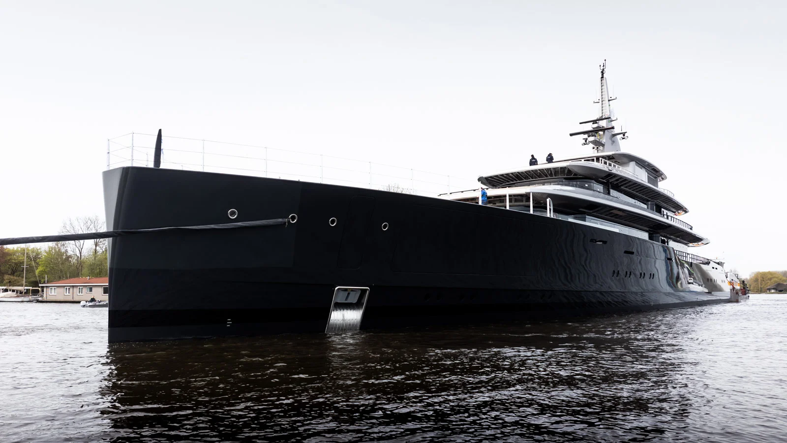 The Thalassa's sleek hull with a vertical bow resembles sailing yachts