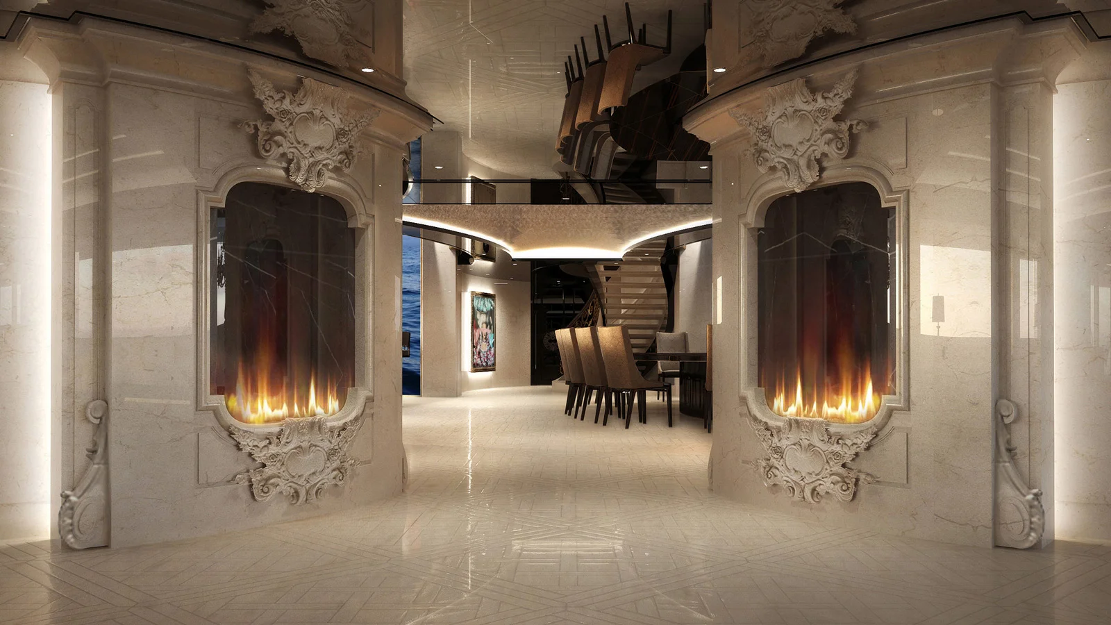 Fireplaces and the dining room on board the Kismet