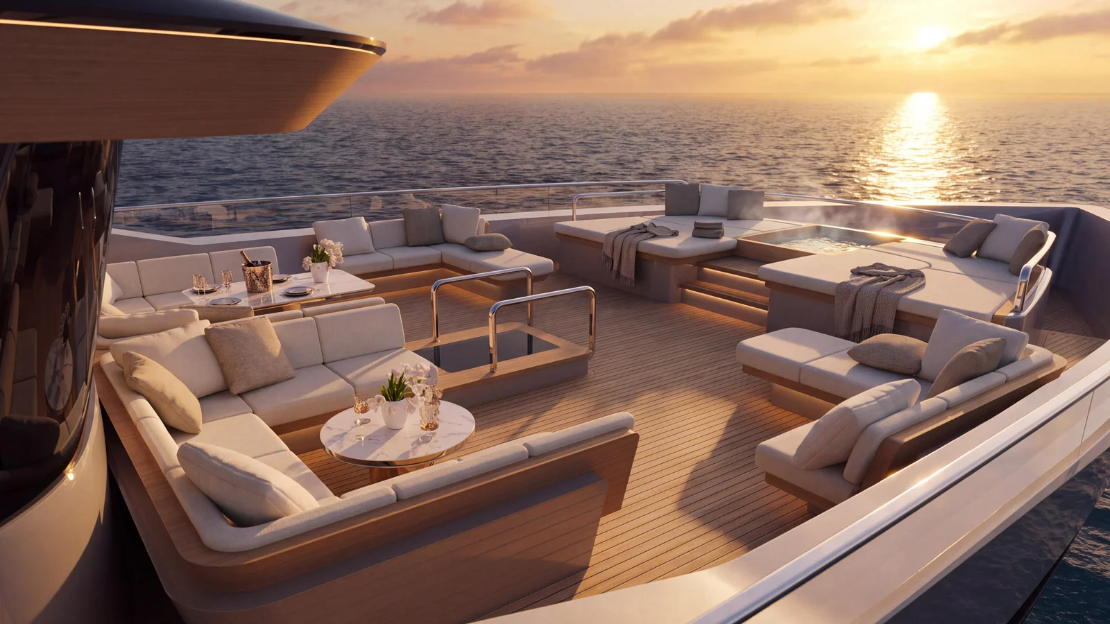 The OXO's foredeck features a generous lounge with a seating group and a sunbathing area around the jacuzzi
