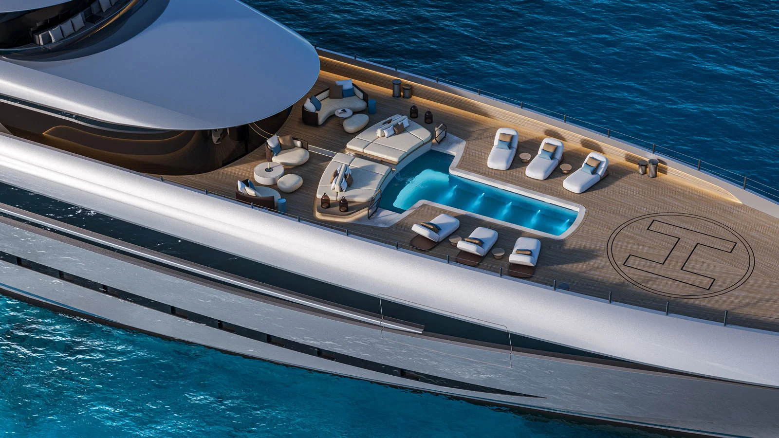 The Poseidon 86's foredeck is home to a lounge with a pool and a helipad