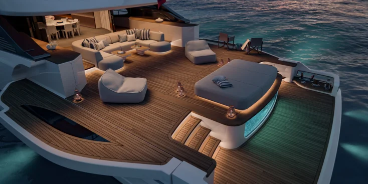 Benetti Oasis 42M's beach club with a pool and a lounge
