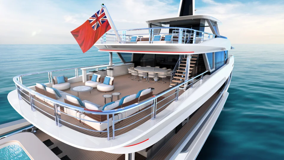 Lounge and dining areas on the Dynamiq GTT 170's upper deck aft