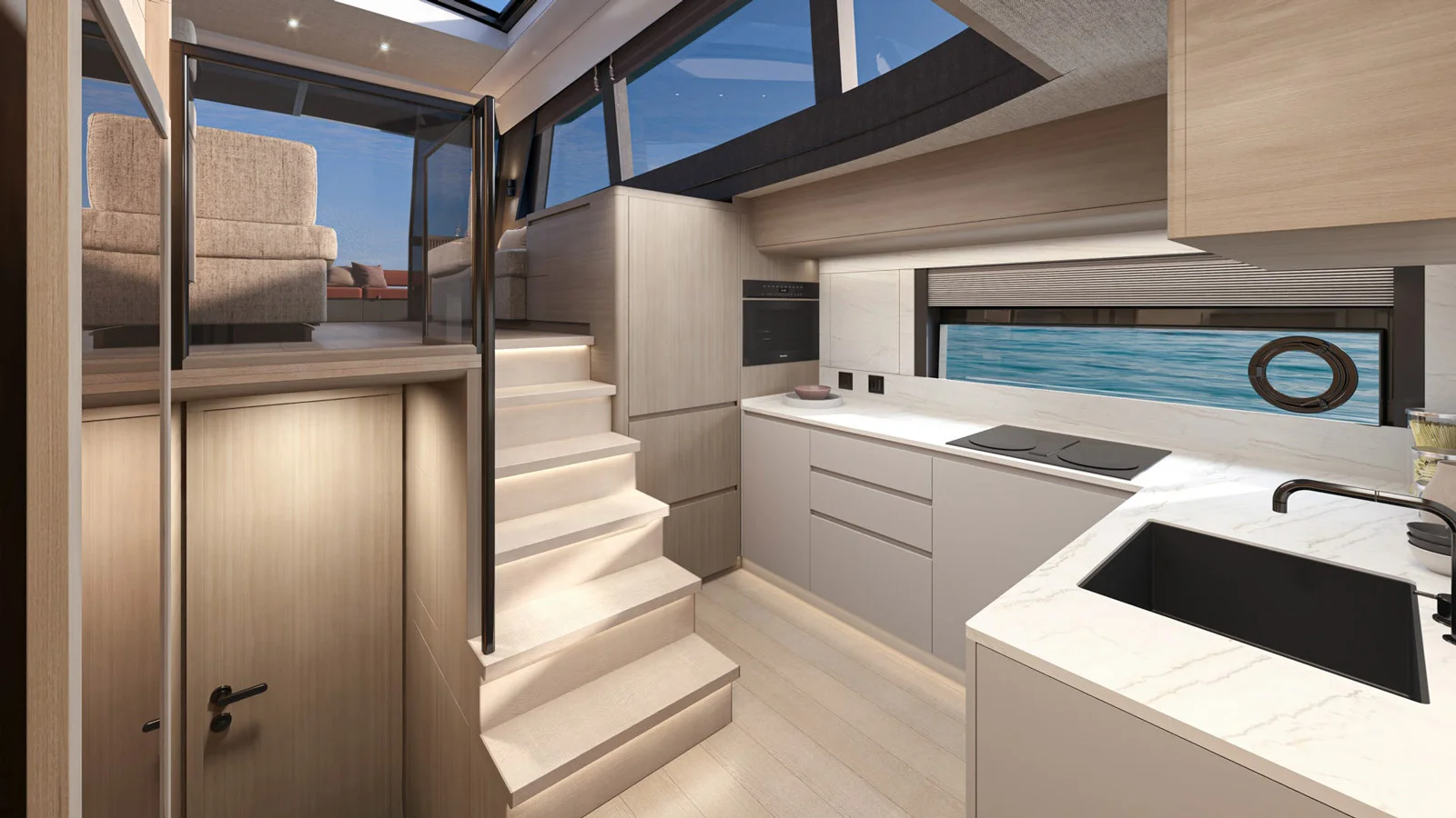 The galley on board the GT65 is located between the main and lower decks