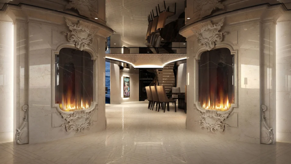 Fireplaces and the dining room on board the Kismet