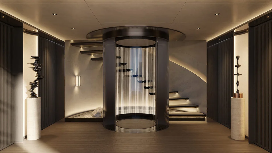 Центральный холл со стеклянным лифтом на Heesen Project Ananda