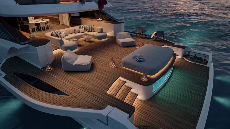 Benetti Oasis 42M's beach club with a pool and a lounge