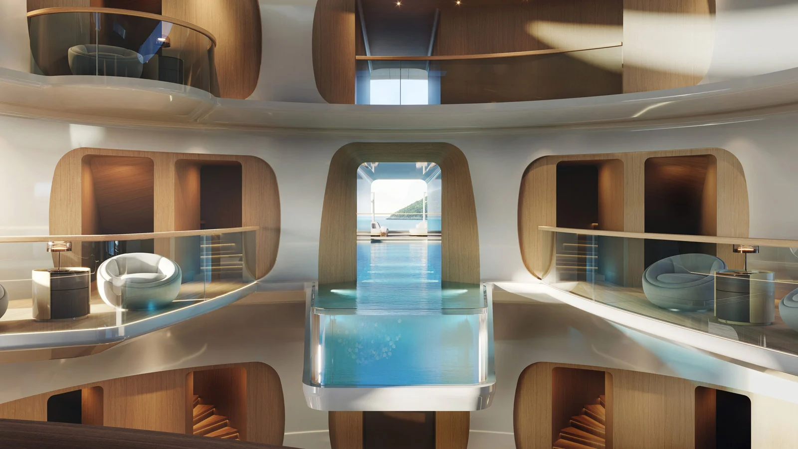 Suspended glass-bottomed infinity pool on board the Hive