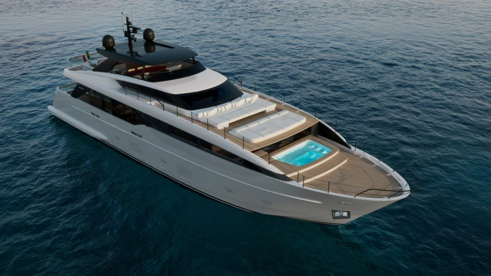 На фордеке Sanlorenzo SL110A связанная с флайбриджем многоуровневая зона отдыха с бассейном и лаунджем
