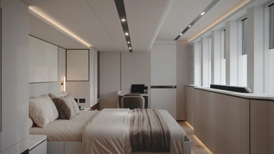 Bedroom in the VisionF 101's owner's suite