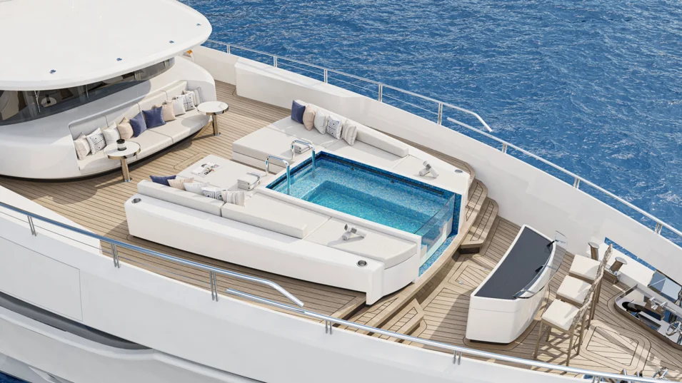 Pool with a lounge and a bar on the foredeck