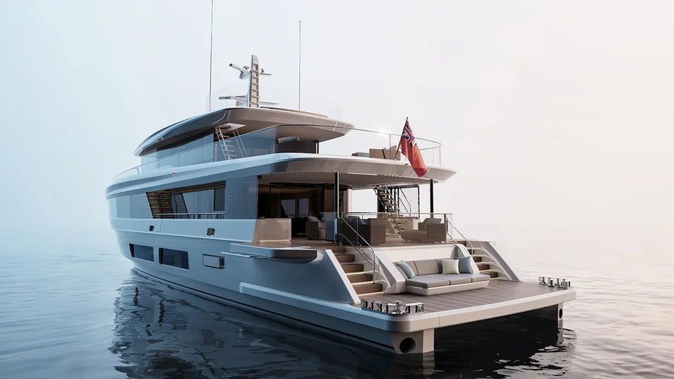 В кормовой части Princess Odyssey 108 запланированы пляжный клуб, зона отдыха в кокпите и откидные боковые террасы