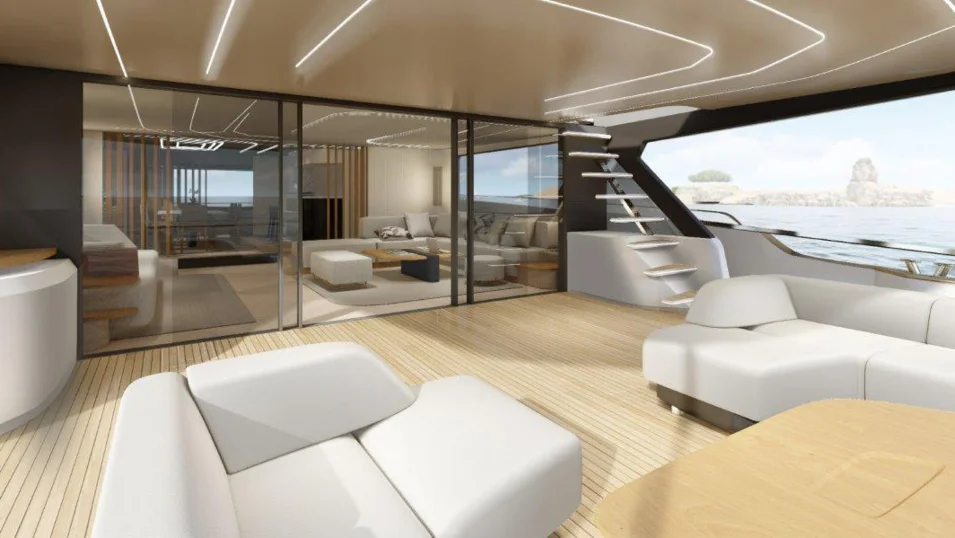 Cockpit lounge on board the Xcel 70 catamaran