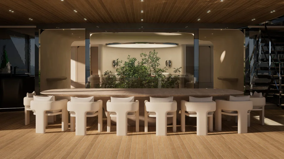 Обеденная зона на верхней палубе Sanlorenzo 74Steel Virtuosity