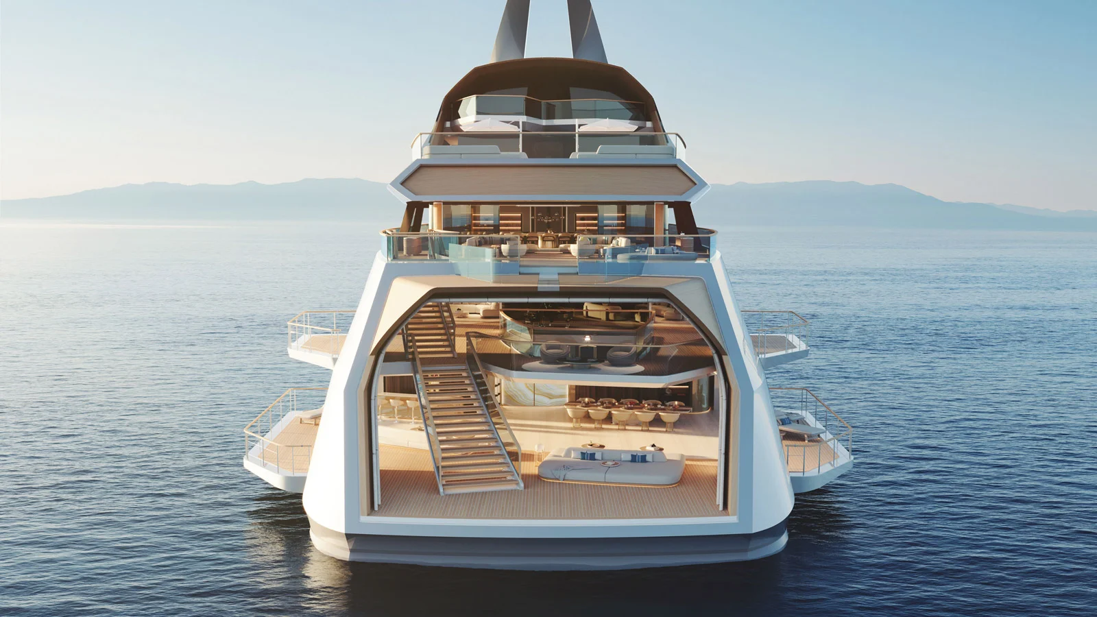 The Hive's stern section features an open, multilevel space