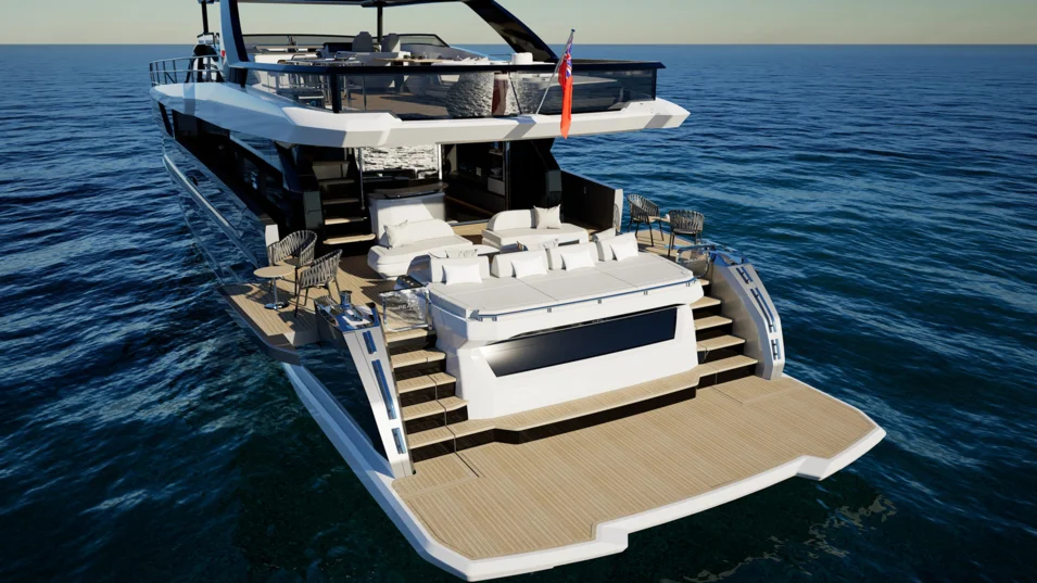Широкие боковые лестницы на Pearl 100 Hybrid ведут из кокпит с откидными террасами на купальную платформу