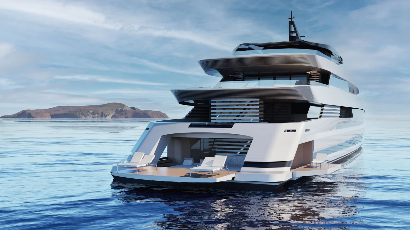 One of the yacht’s features is the beach club, connected to the main and upper decks by a transverse staircase