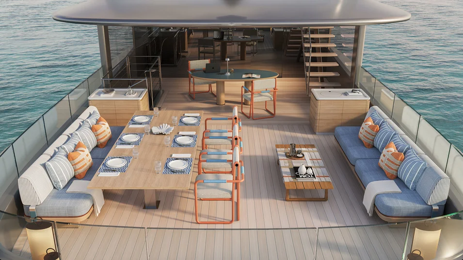 Зона отдыха и столовая на корме верхней палубы Benetti B.Neos 40M