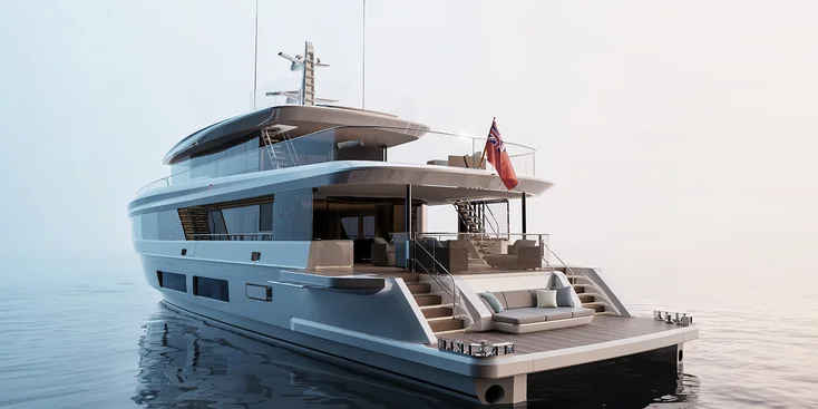 В кормовой части Princess Odyssey 108 запланированы пляжный клуб, зона отдыха в кокпите и откидные боковые террасы